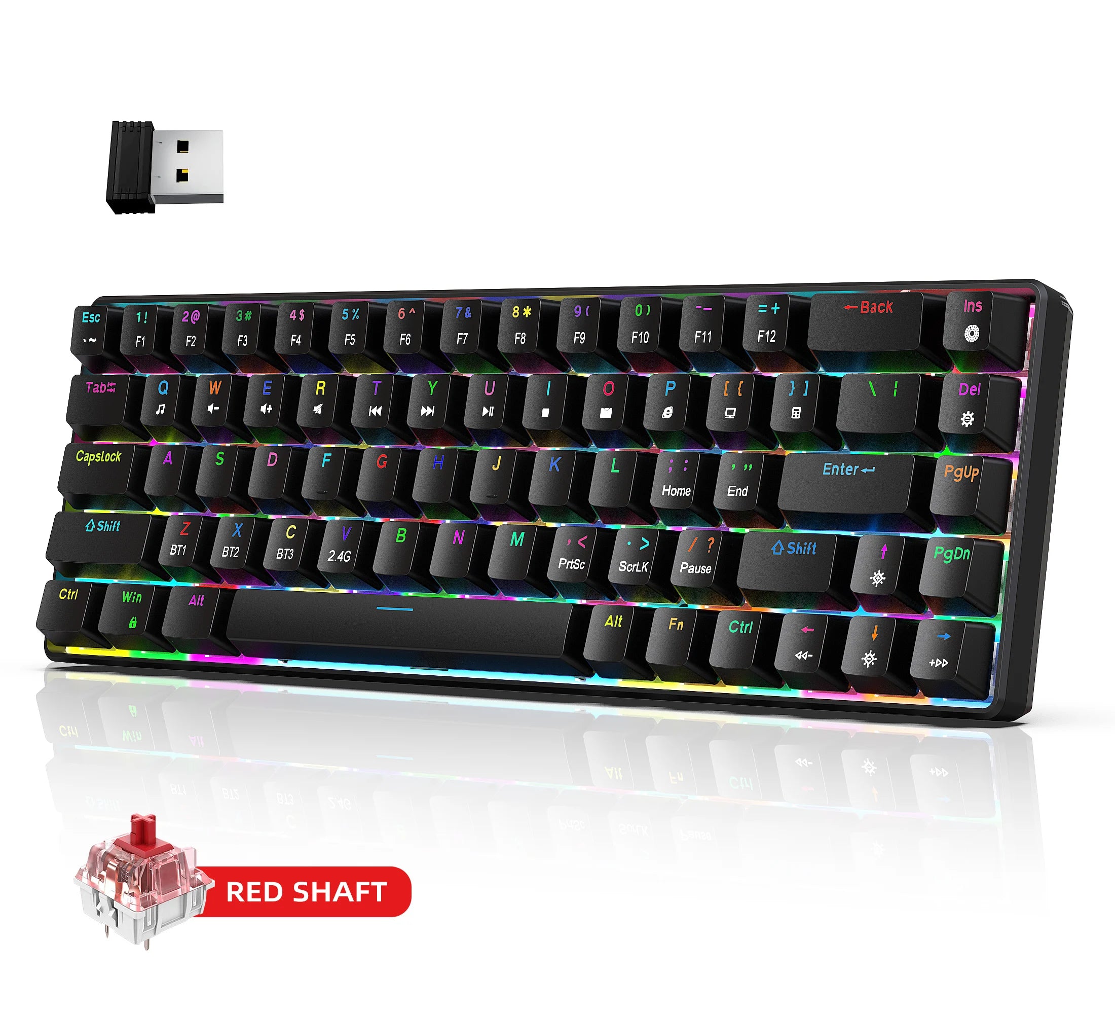 Compact HXSJ V800 68-Key 3-mode Gaming Wireless Mechanical Keyboard USB-C Ergonomic RGB Backlit for Laptop Mac PC-7