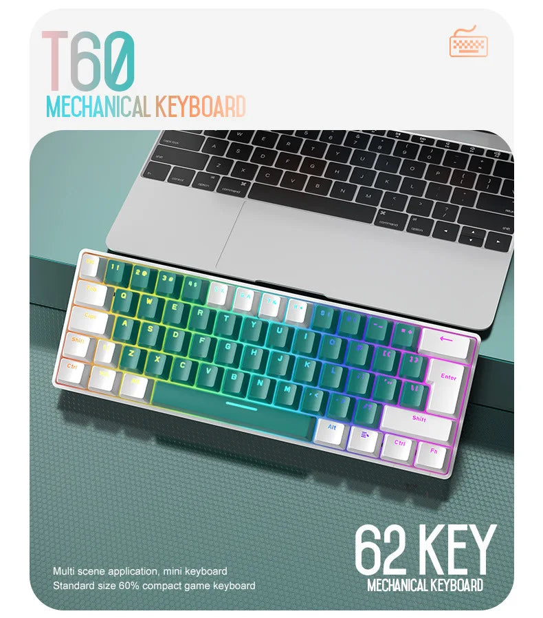 Free Wolf T60 Mechanical Keyboard Color Matching Customized Game Notebook Office Computer 62 Key Mini Keyboard-1
