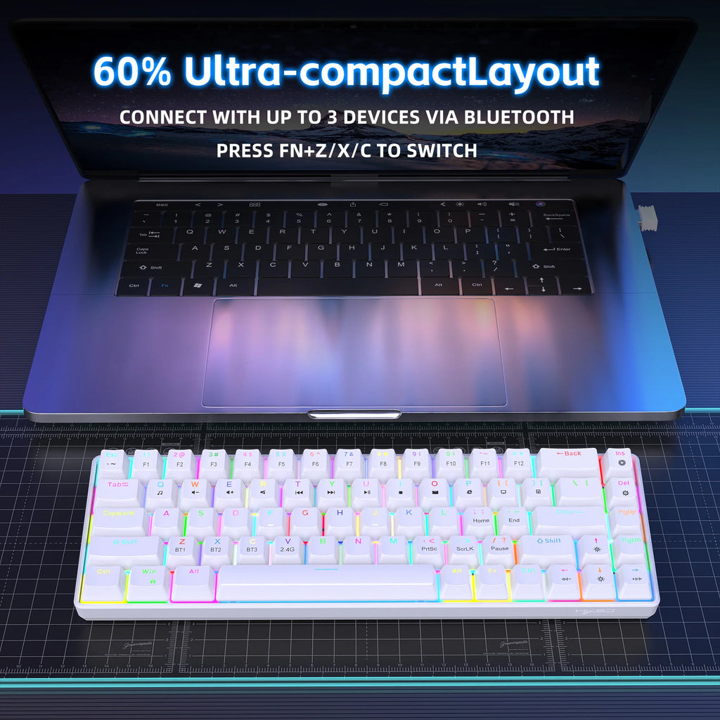 Compact HXSJ V800 68-Key 3-mode Gaming Wireless Mechanical Keyboard USB-C Ergonomic RGB Backlit for Laptop Mac PC-2