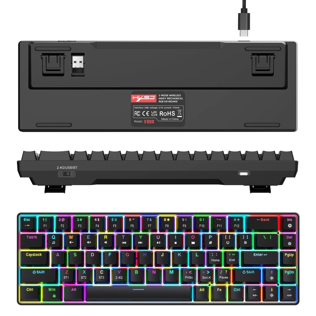 Compact HXSJ V800 68-Key 3-mode Gaming Wireless Mechanical Keyboard USB-C Ergonomic RGB Backlit for Laptop Mac PC-3