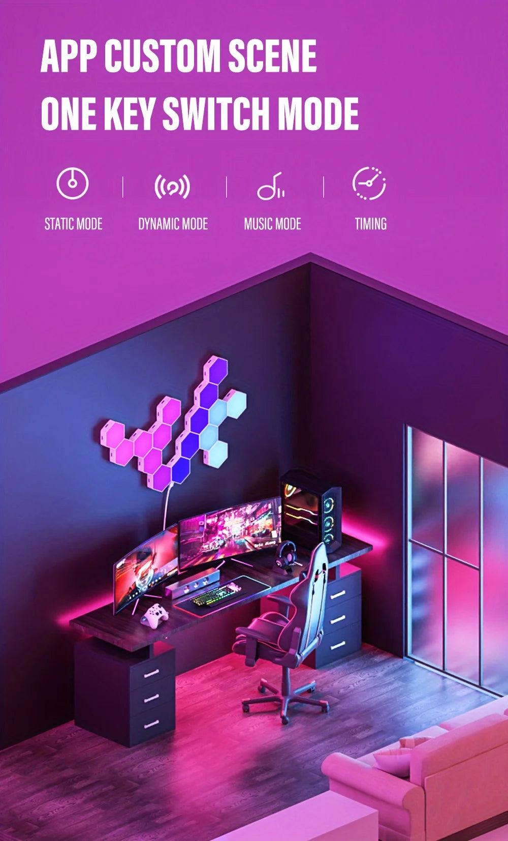 RGB Smart Hexagon Lamps: Music Rhythm Sync & App-Controlled Ambient Light