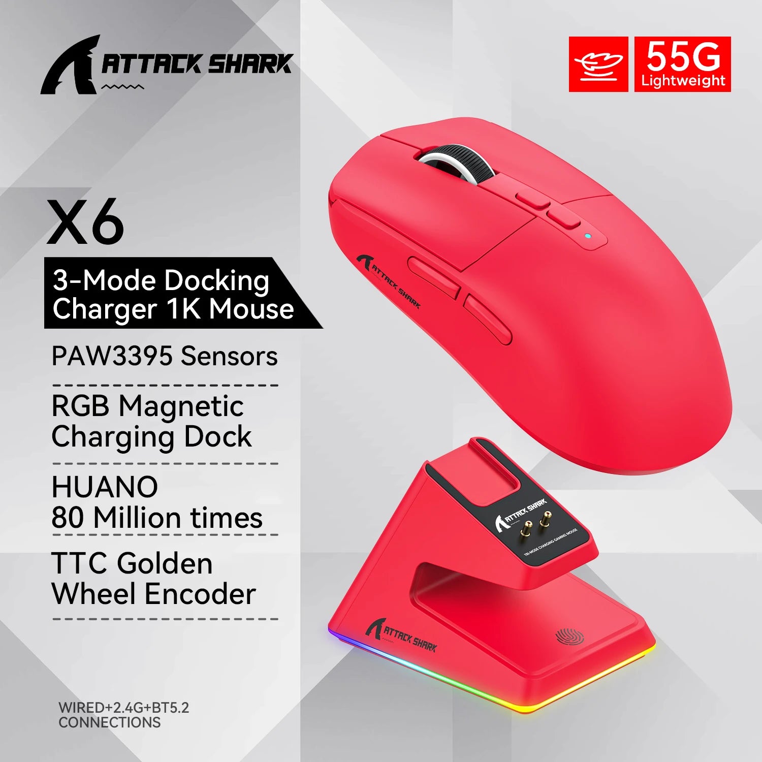 Attack Shark X6: Tri-Mode Wireless Gaming Mouse with Charging Dock