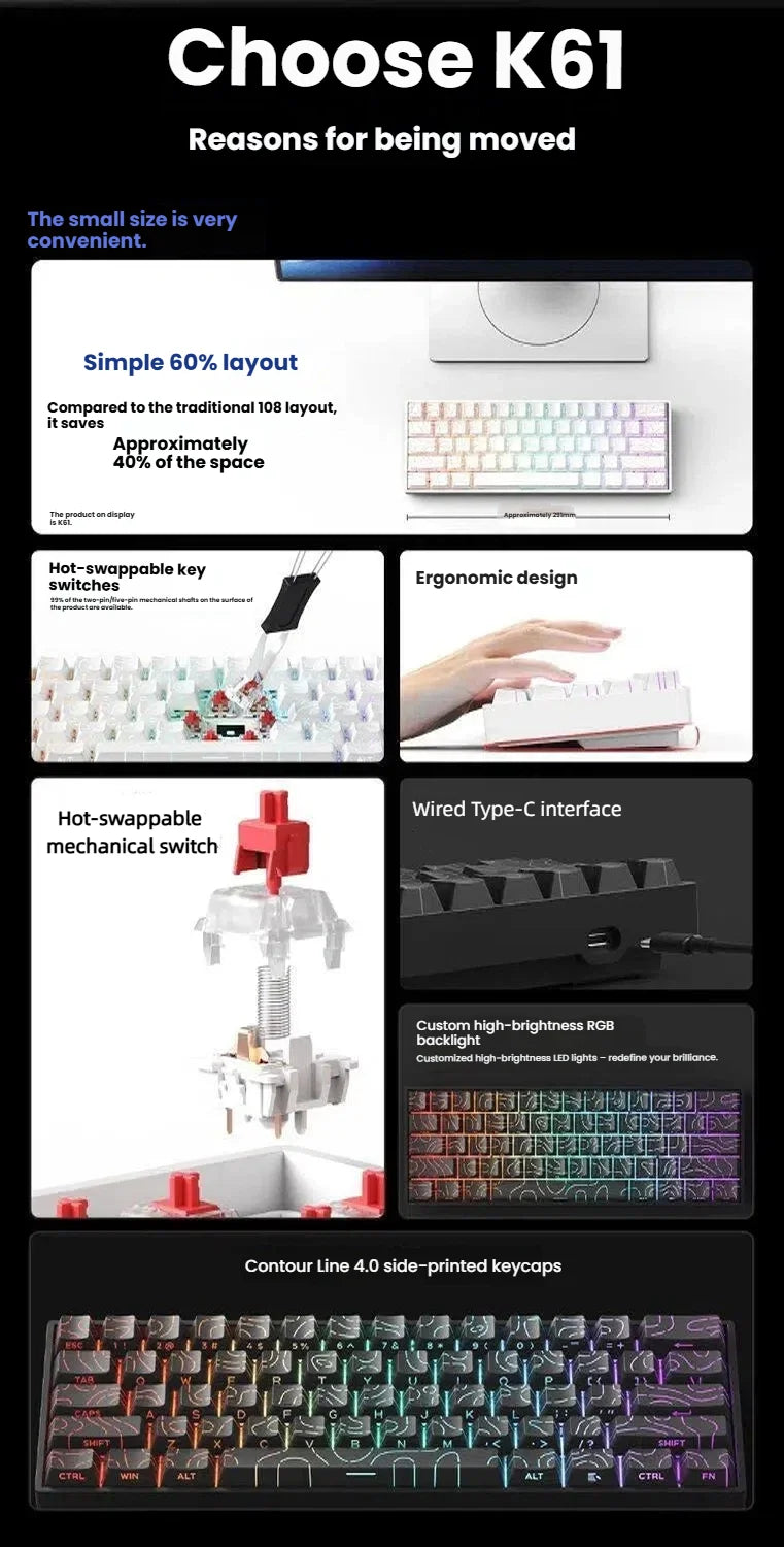 K61 USB Mini Mechanical Keyboard – Professional Hot-Swappable Gaming Series