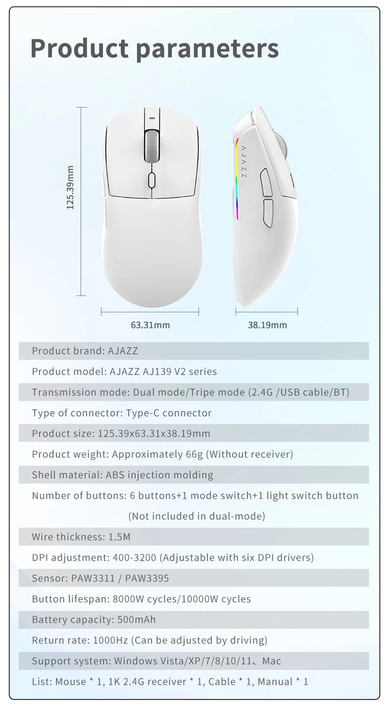 AJ139 V2 Performance: Superlight Wireless Gaming Mouse (12K DPI)