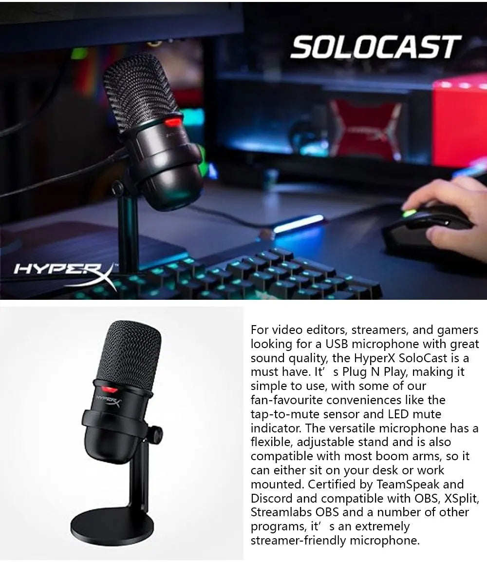 HyperX SoloCast | USB Condenser Gaming Microphone with Tap-to-Mute