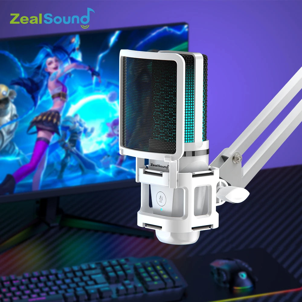 Zealsound RGB White | Professional USB Gaming Mic with Articulated Arm