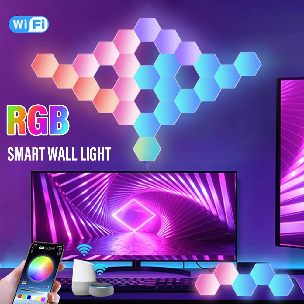 RGB Smart Hexagon Lamps: Music Rhythm Sync & App-Controlled Ambient Light