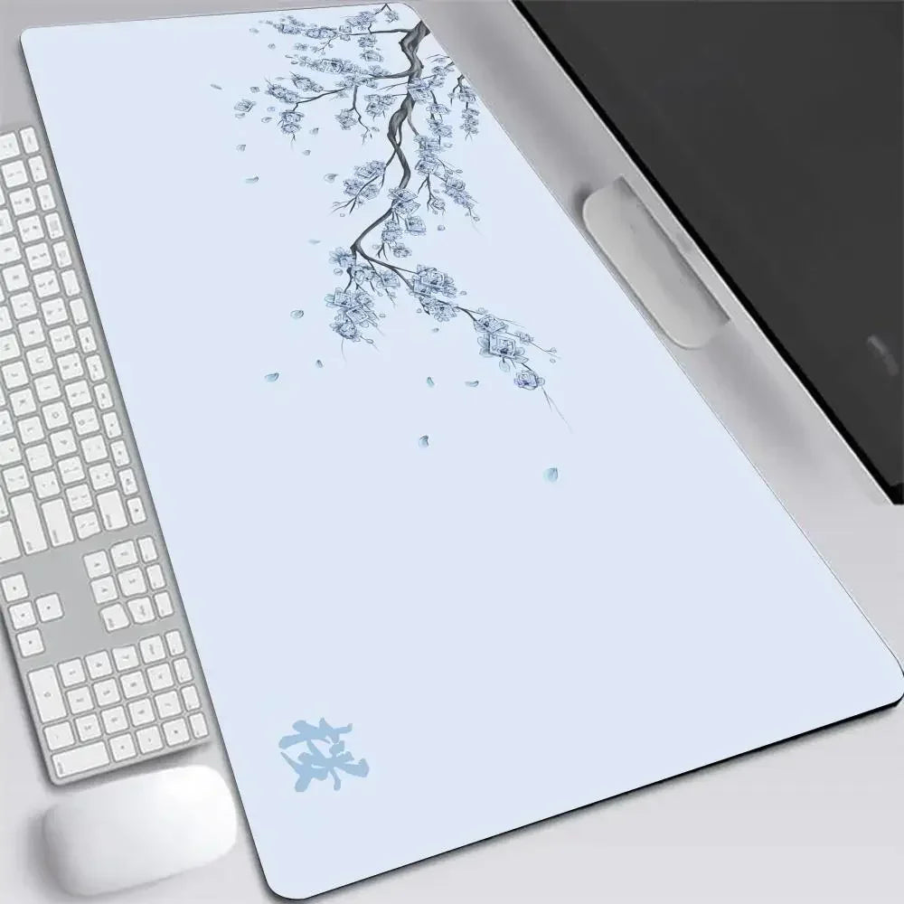 Sakura Anime XXL Gaming Desk Mat – Gray Cherry Blossom Keyboard Pad