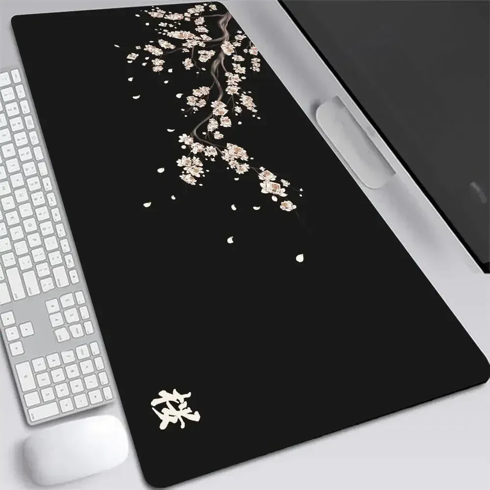 Sakura Anime XXL Gaming Desk Mat – Gray Cherry Blossom Keyboard Pad