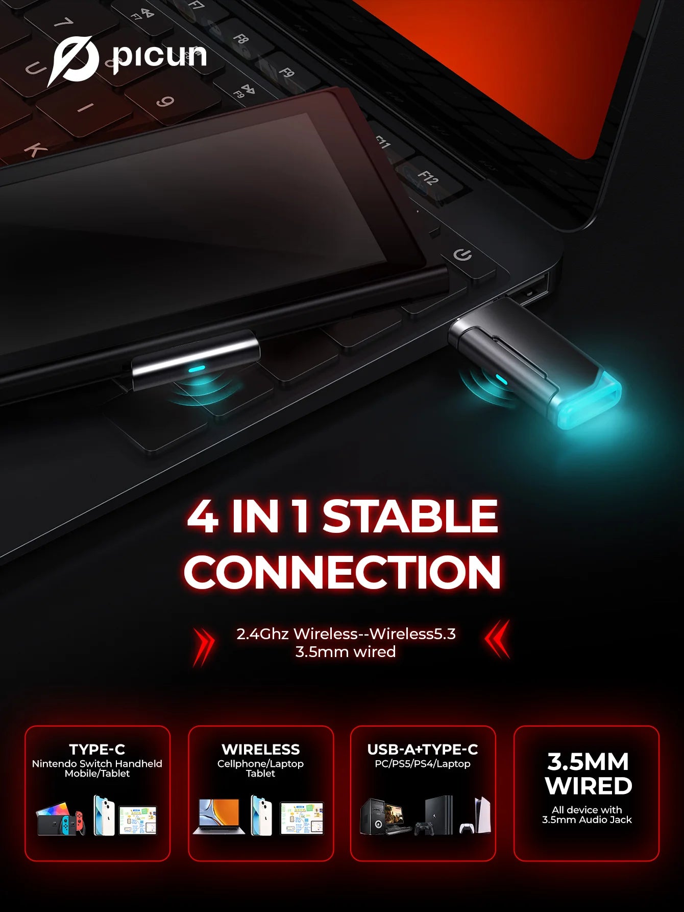 Picun G2 | 5ms Ultra-Low Latency Wireless Gaming Headset with 7.1 Audio