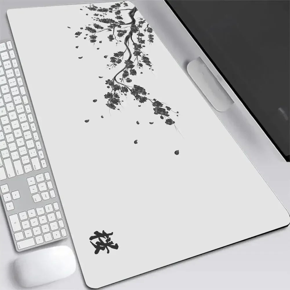Sakura Anime XXL Gaming Desk Mat – Gray Cherry Blossom Keyboard Pad