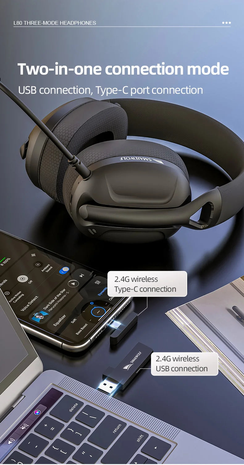 SMAILWOLF L80/ G900 PRO – High-Performance Tri-Mode Wireless Headset for PC & Laptop
