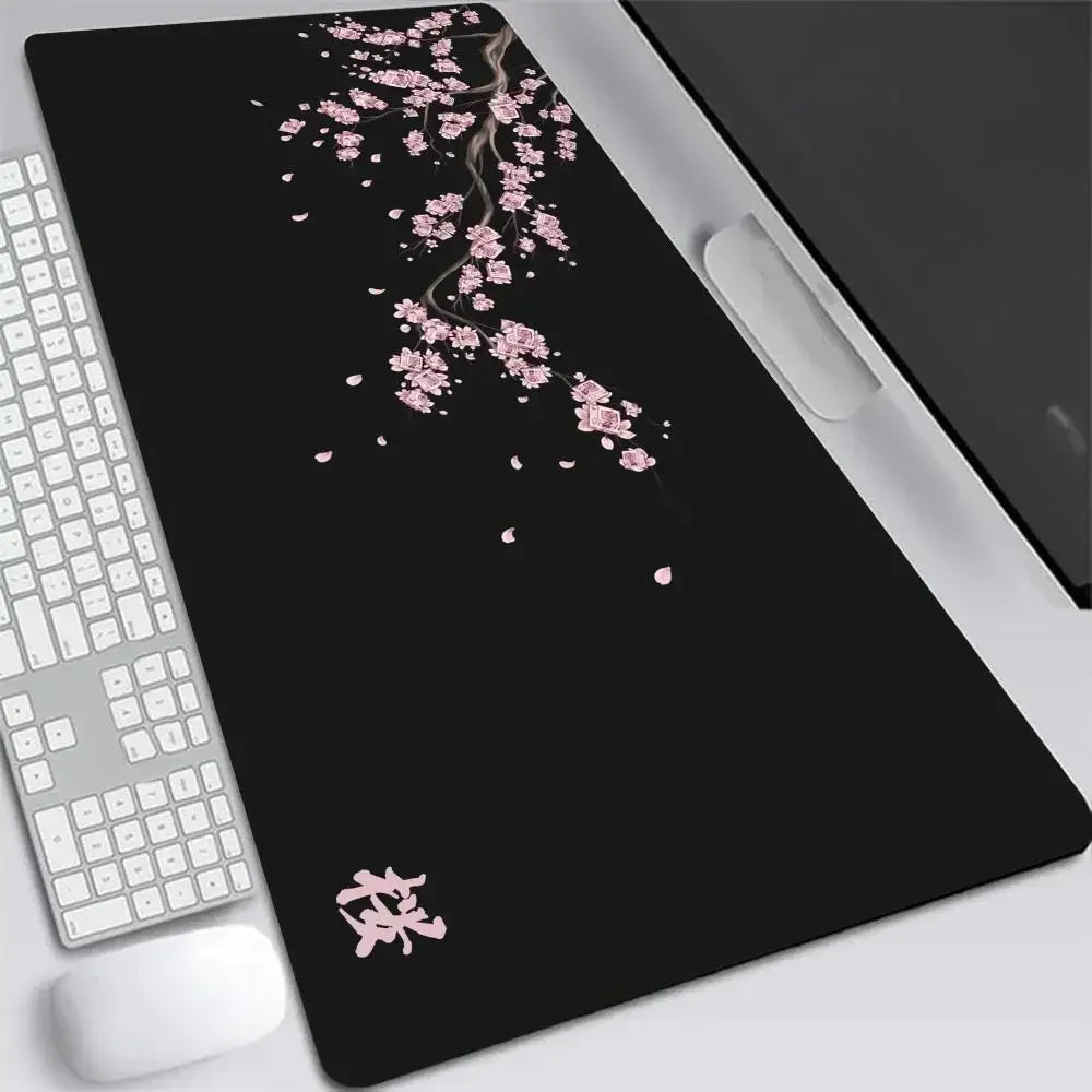 Sakura Anime XXL Gaming Desk Mat – Gray Cherry Blossom Keyboard Pad