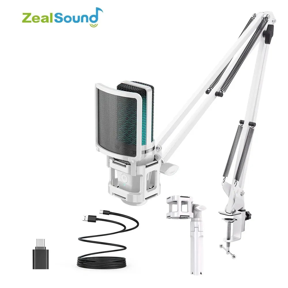 Zealsound RGB White | Professional USB Gaming Mic with Articulated Arm