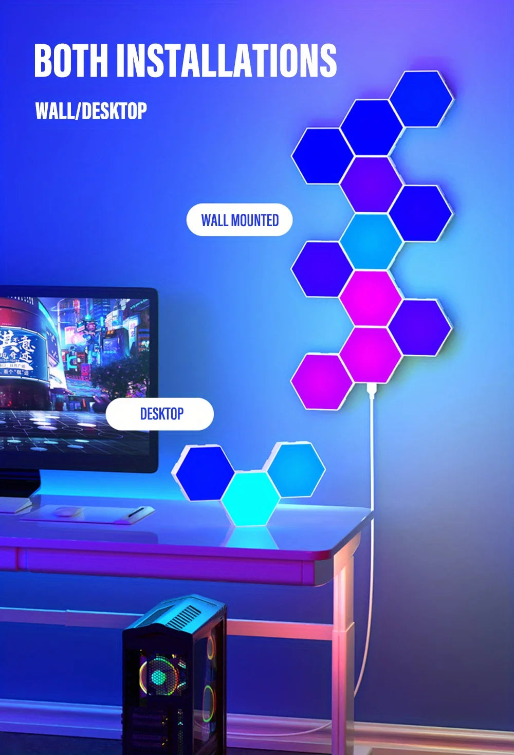 RGB Smart Hexagon Lamps: Music Rhythm Sync & App-Controlled Ambient Light