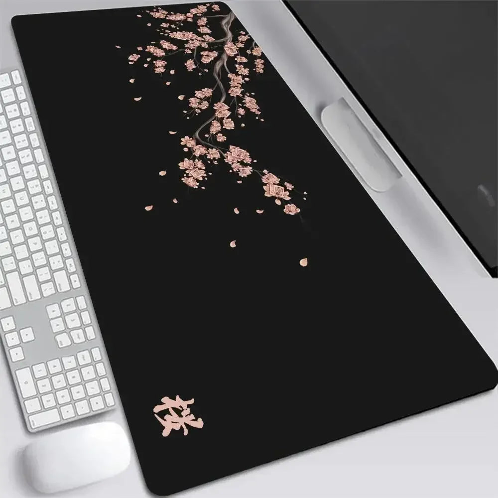 Sakura Anime XXL Gaming Desk Mat – Gray Cherry Blossom Keyboard Pad