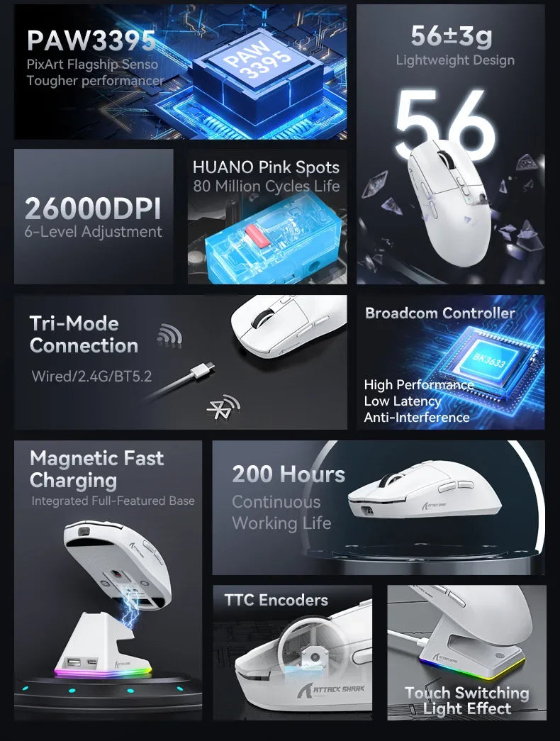 Attack Shark X6: Tri-Mode Wireless Gaming Mouse with Charging Dock