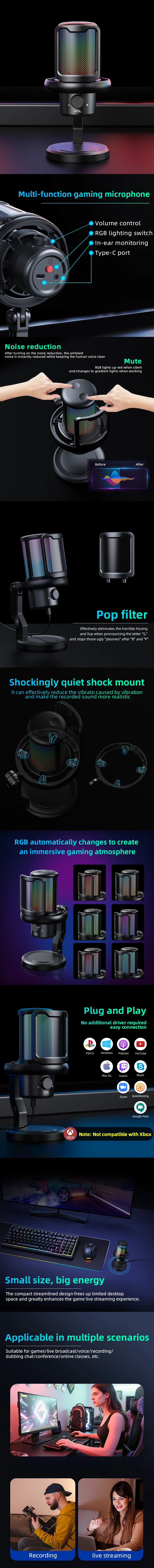 Professional RGB USB Microphone – Noise Reduction & Live Monitoring Series