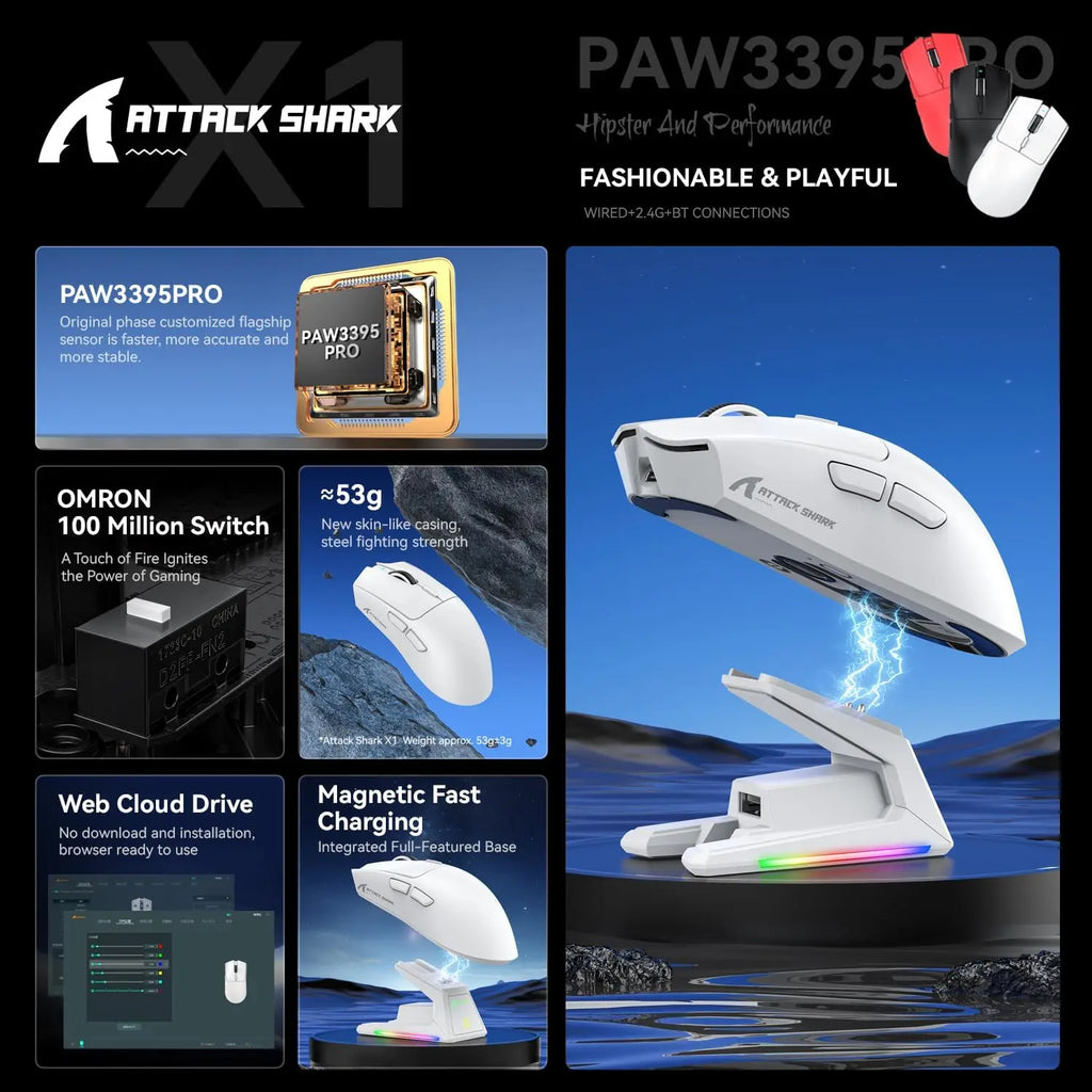 Attack Shark X1: 53g Superlight Mouse with Touchpad RGB Dock