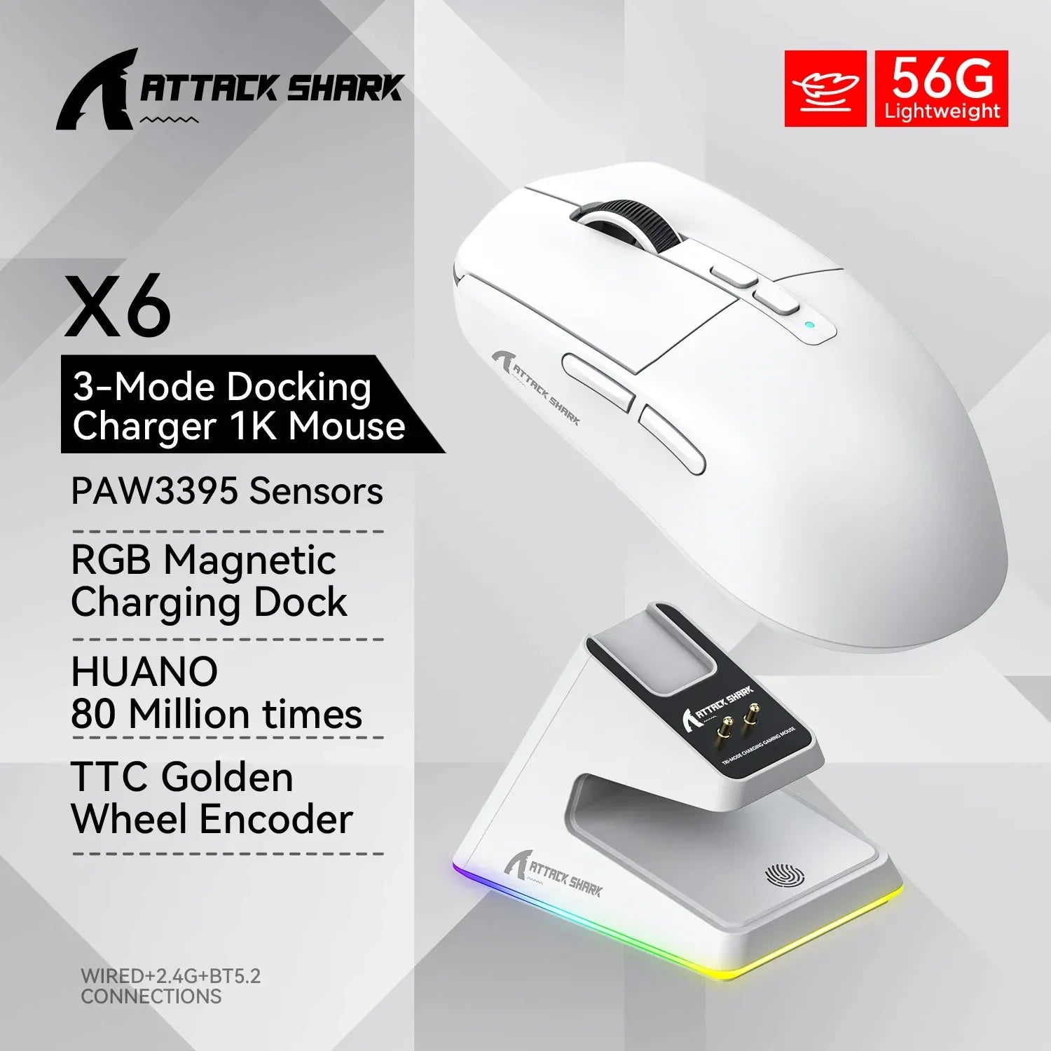 Attack Shark X6: Tri-Mode Wireless Gaming Mouse with Charging Dock