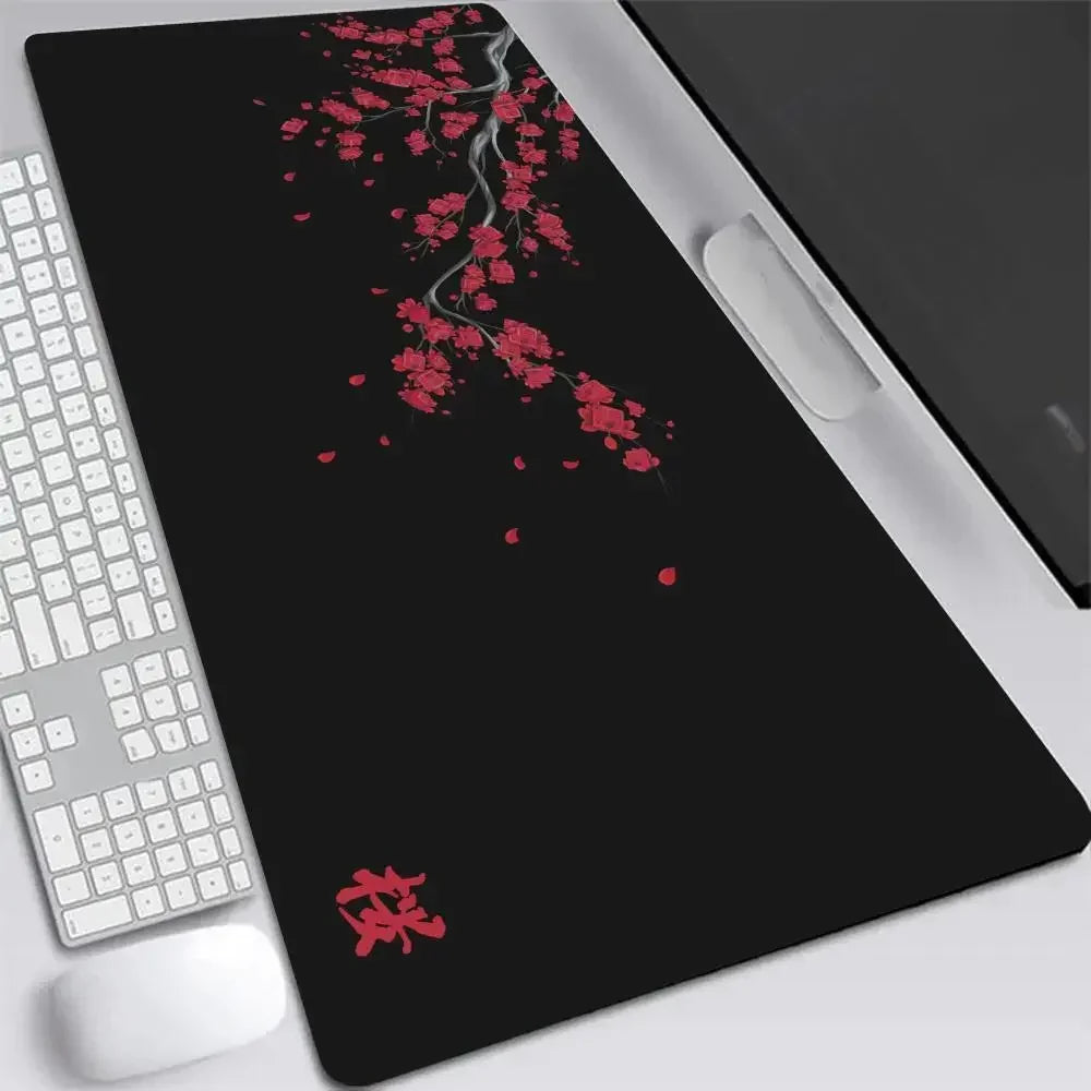 Sakura Anime XXL Gaming Desk Mat – Gray Cherry Blossom Keyboard Pad