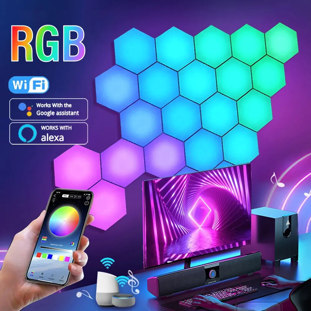 RGB Smart Hexagon Lamps: Music Rhythm Sync & App-Controlled Ambient Light